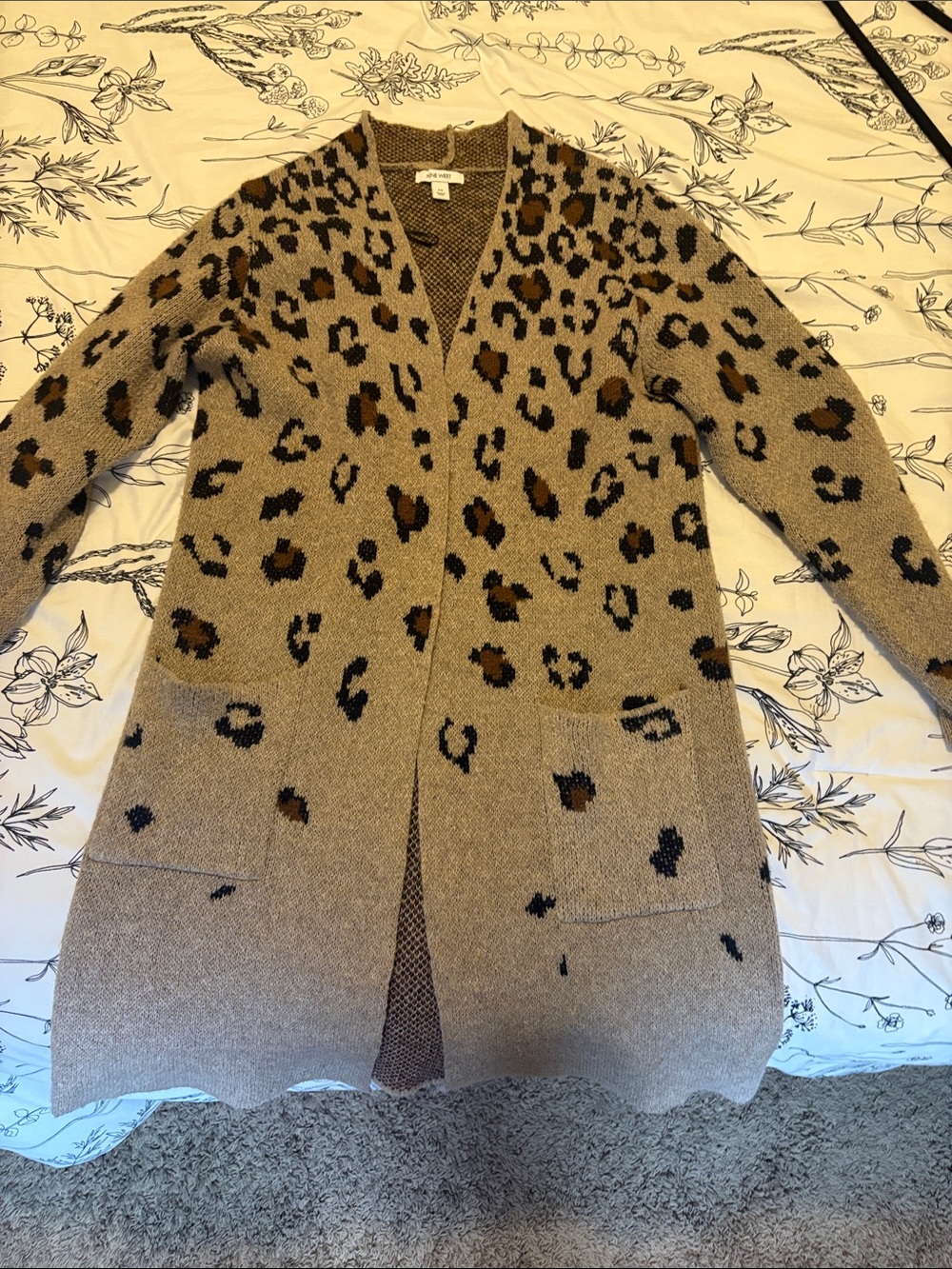Nine West Taupe and Brown Leopard Print Open-Front Cardigan